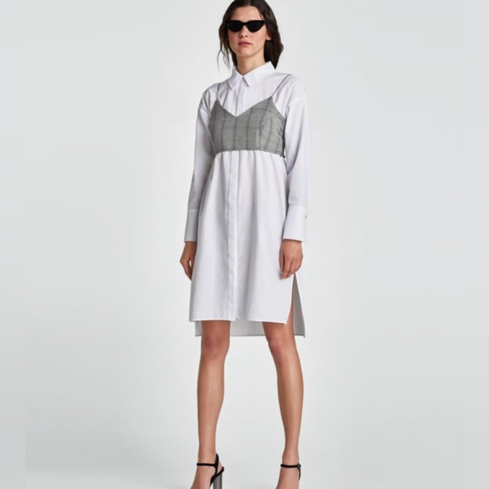 Zara Basic Button Down Shirt Dress With Gray Plai… - image 1